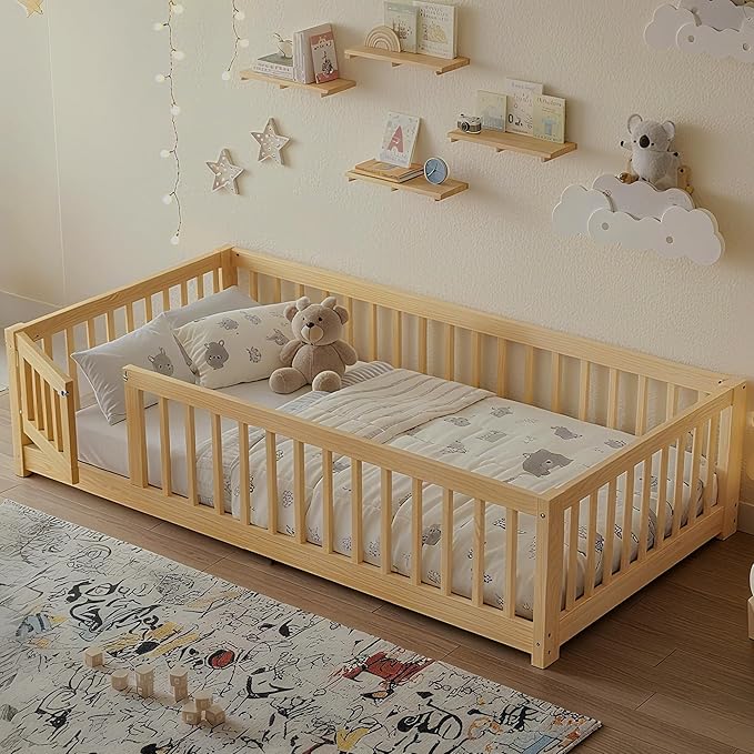 Bellemave Montessori Twin Floor Bed Frame with Fence and Removable Door, Low Profile Twin Size Montessori Bed Frame for Kids, Solid Wooden Floor Beds for Bedroom,Nursery, Natural