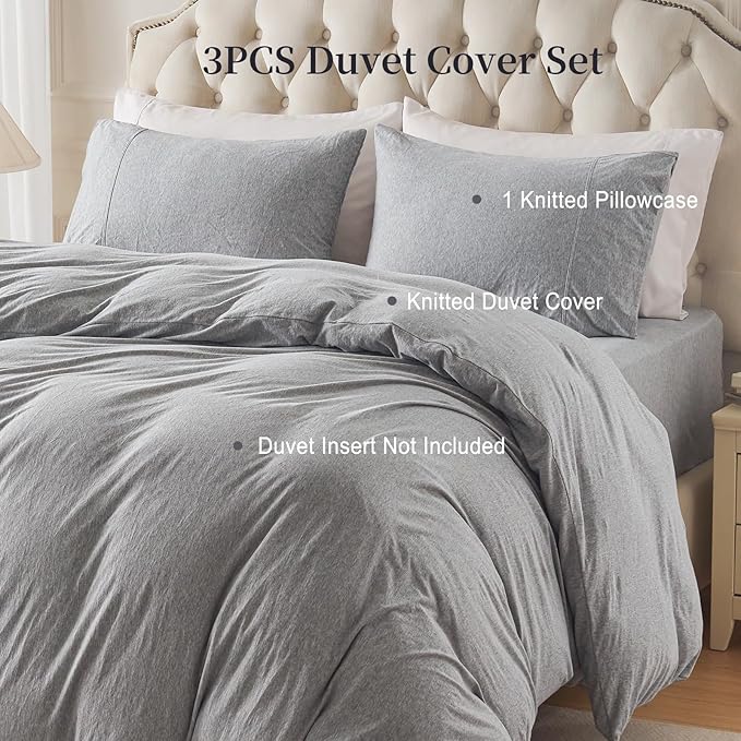 PURE ERA Jersey Knit Duvet Cover Set 100% T-Shirt Cotton Super Soft Comfy 3pc Bedding Set with Zipper Closure (Heather Grey, Full)