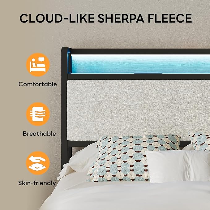 LIKIMIO Twin Bed Frame with Storage Headboard & LED Lights, Metal Platform Bed with Charging Station, Noise Free, No Box Spring Needed, Under Bed Storage, Natural and Cream