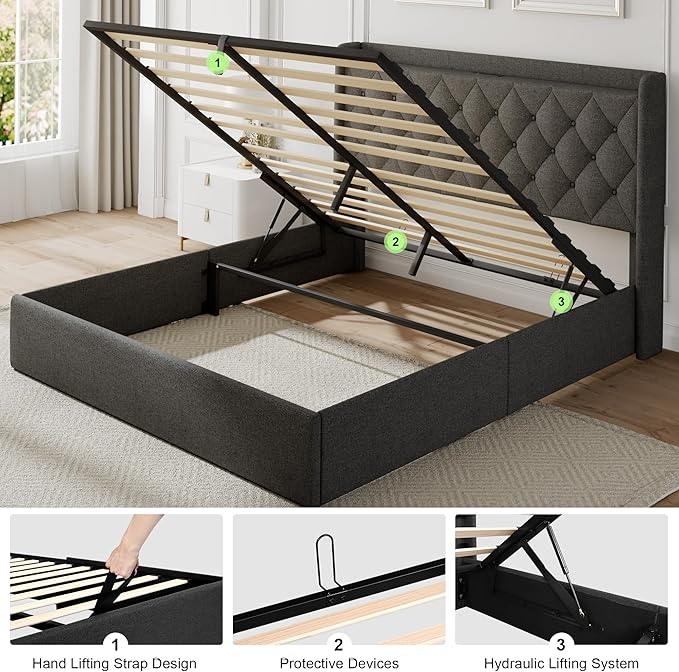 Feonase Queen Bed Frame with Storage & Charging Station - Hydraulic Lift Up Platform Bed, Upholstered Button Tufted Headboard, Sturdy Wooden Slats, Noise-Free, No Box Spring Needed, Dark Gray