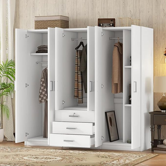 68" H Large 6 Doors Wooden Wardrobe Closet, Freestanding Armoire Wardrobe Closet Cabinet with 3 Drawers, Shelves and Hanging Rod for Hanging Clothes, Coat Closets for Bedroom, White