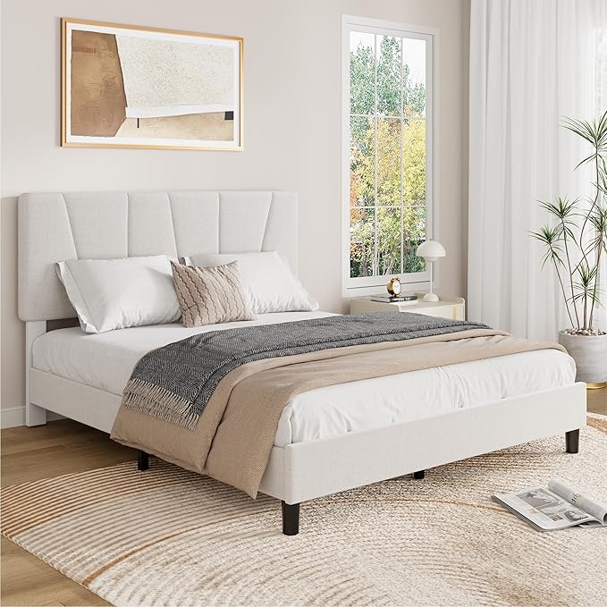 IDEALHOUSE Queen Size Upholstered Bed Frame with Headboard, Heavy Duty Platform Bed Frame, Adjustable Headboard, Noise-Free, No Box Spring Needed, Easy Assembly