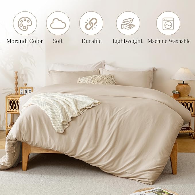 MILDLY Super Soft Duvet Cover - 100% Washed Microfiber Light Khaki Comforter Cover Set 3 Pieces with Zipper Closure & Corner Ties (No Comforter)