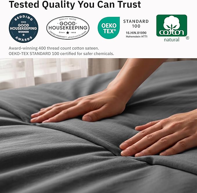 Twin XL/Twin Size Duvet Cover Only - Premium 400 Thread Count, Natural 100% Cotton Duvet Cover, Soft Sateen Weave, Button Closure and Corner Ties - Grey