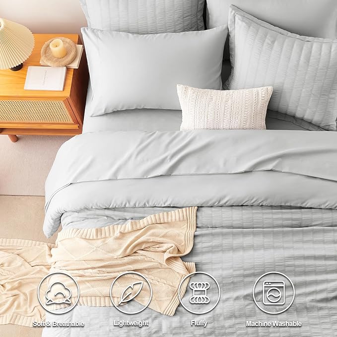 CozyLux King Size Comforter Set Light Grey Seersucker 7 Pieces Bed in a Bag King Comforter Set with Sheets, Light Gray Luxury Bedding Sets with Down Alternative Comforter, Sheets, Pillowcases & Shams
