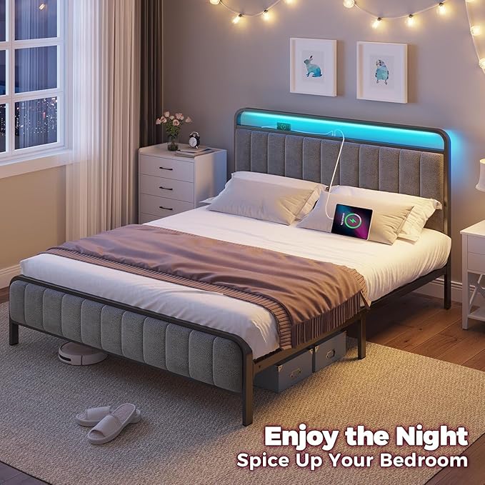 Rolanstar Queen Size Bed Frame with LED Light and Charging Station, Upholstered Headboard and Footboard, Metal Slat, Noise Free, Easy Assembly, Dark Gray