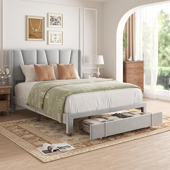 Full Bed Frame with Storage Drawers, Velvet Upholstered Platform Bed with 47" Tall Headboard and Wingboard, No Box Spring Needed, Noise Free, Easy Assembly, Wooden Support Slats, Light Grey