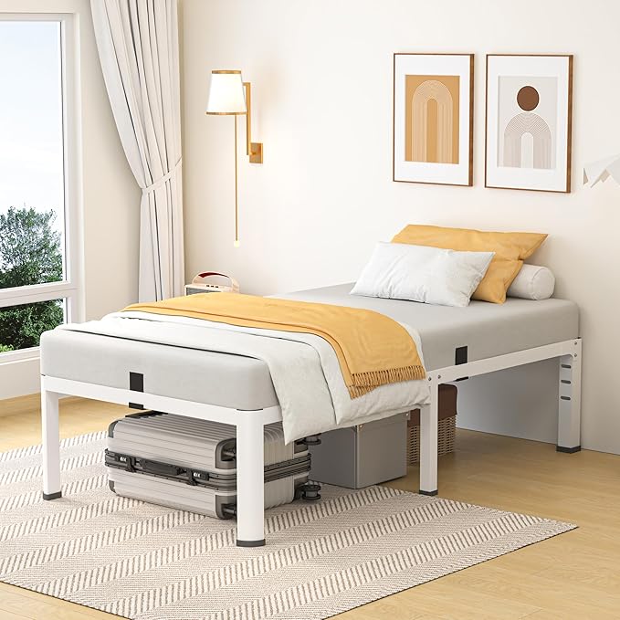 Superay 18 Inch Twin Size Metal Bed Frame with Round Corners, Storage Space Under High Bed Frame-Heavy Duty Steel Slats Support, Noise Free - Easy Assembly - No Box Spring Needed,White