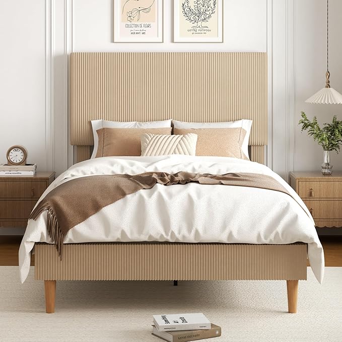 Full Size Bed Frame, Upholstered Platform Bed with Adjustable Headboard, Vertical Fluted Tufted, Soft Corduroy Fabric, Wooden Slats Support, No Box Spring Needed, Easy Assembly, Brown