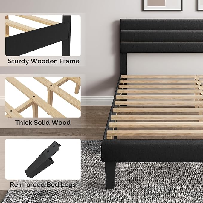VINGLI Full Faux Leather Bed Frame, Upholstered Platform Bed with Adjustable Headboard, Wood Mattress Foundation with Heavy Duty Slats Support,Luxury Modern,No Box Spring Needed, Black