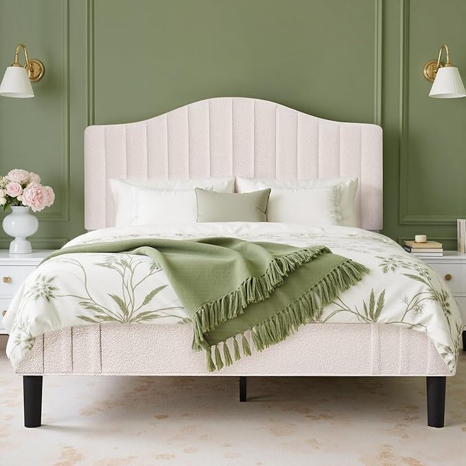 VECELO Queen Size Bed Frame Upholstered Platform Beds with Height-Adjustable Teddy Fabric Headboard, Strong Wood Slats 7.9'' Under Bed Storage Space Noise-Free No Box Spring Needed, Beige