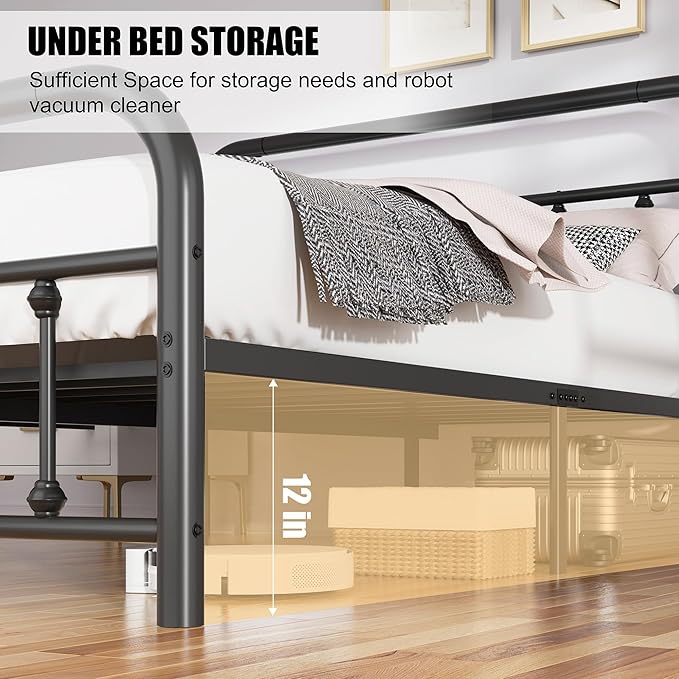 Shintenchi Twin Size Metal Platform Bed Frame with Headboard & Footboard, Steel Slat Mattress Foundation, Under Bed Storage, Noise-Free, No Box Spring Needed, Black Round