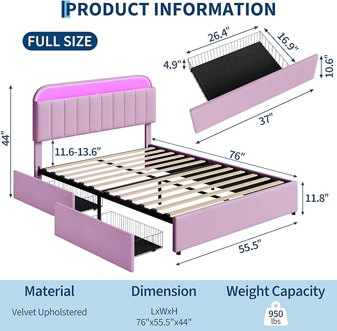 GarveeHome Full Bed Frame with Storage Headboard, Kids Bed Frame with 2 Drawers, Velvet Upholstered Platform Bed Frame with Lights, No Box Spring Needed, Easy Assembly, Velvet Purple