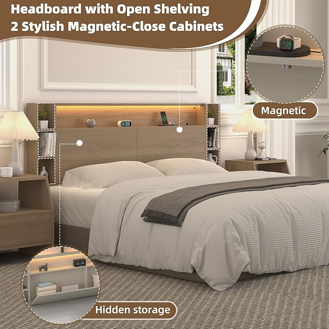 Queen Headboard Only with Shelves Storage, Headboards with Charging Station 2 USB Ports and LED Light,Sturdy and Stable Modern Sturdy and Stable Wood Bed Board (Natural Oak, Queen) | Solid wood leg, chargestation, Storage
