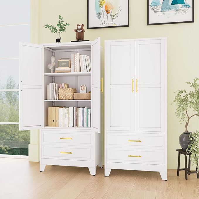 erosoei 71" H Metal Pantry Storage Cabinet,Office File Cabinets with 2 Drawers and Shelves, Kitchen Cupboard Storage Cabinet for Bedroom and Dinning Room（White）