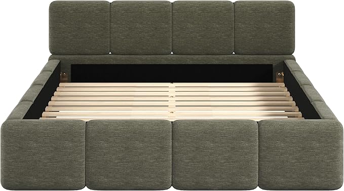 Merax Queen Size Boucle Platform Bed with Thick Headboard and Footboard, Block Style Upholstery Grounded Bed Frame, Green