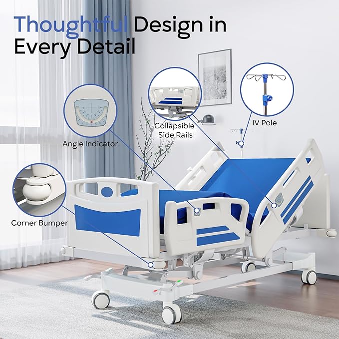 Premium Full Electric Hospital Bed for Home Use, 5 Function Medical Bed with 4.7” Foam Mattress, Height Adjustable, Central Locking System, Includes Sheets (2X) (5 Function Pro)