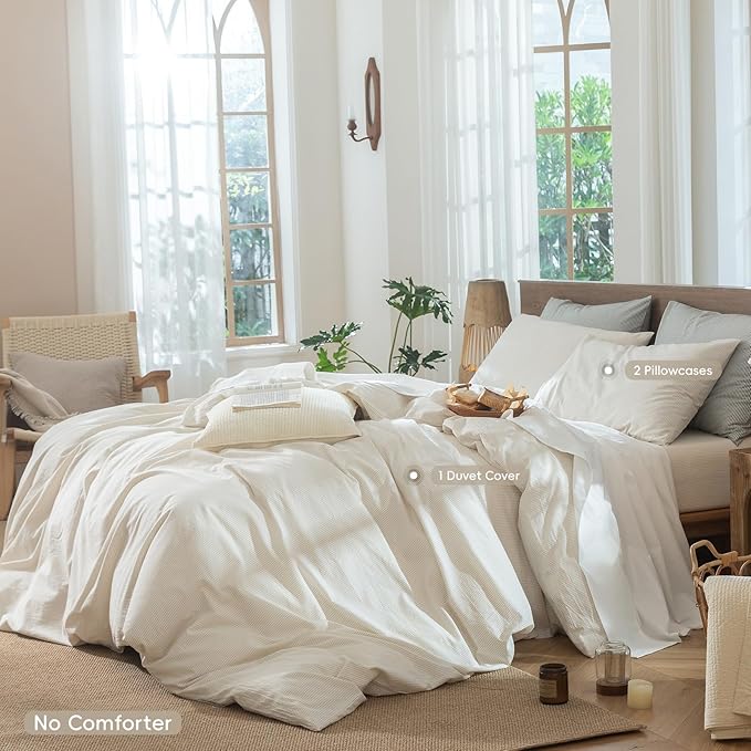MooMee Striped Duvet Cover Set 100% Washed Cotton Linen Like Textured Breathable Durable Soft Comfy (Almond Milk Grey Pinstripes, Oversized King Plus 128"x120")