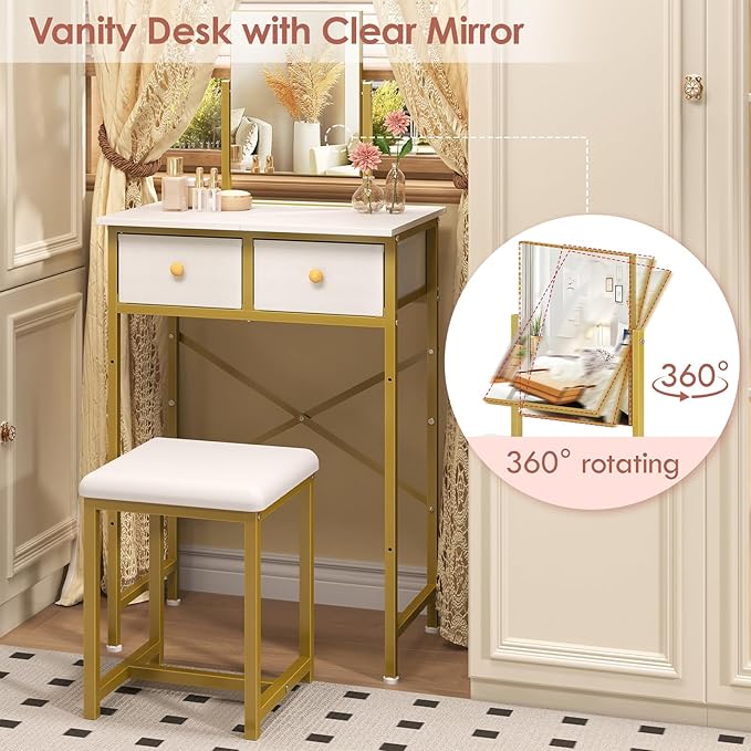 X-cosrack Small Makeup Vanity Desk with Mirror & Chair, Mini Vanity Desk Table Set with Fabric Storage Drawer, 19.7" Compact Vanity Desk for Girls, Dressing Table with Chair for Bedroom, White Golden