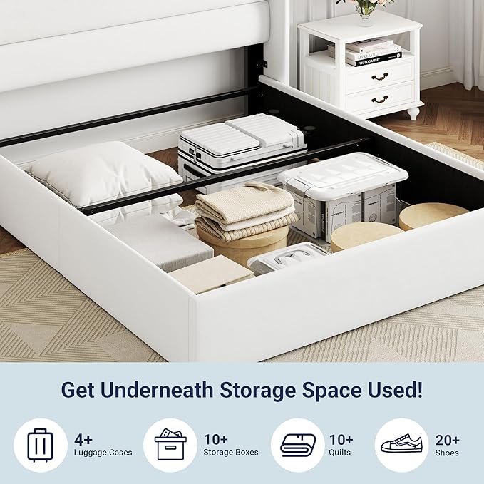 Allewie Full Size Velvet Lift Up Storage Bed, Modern Wingback Headboard, Hydraulic Support, No Box Spring Needed, White