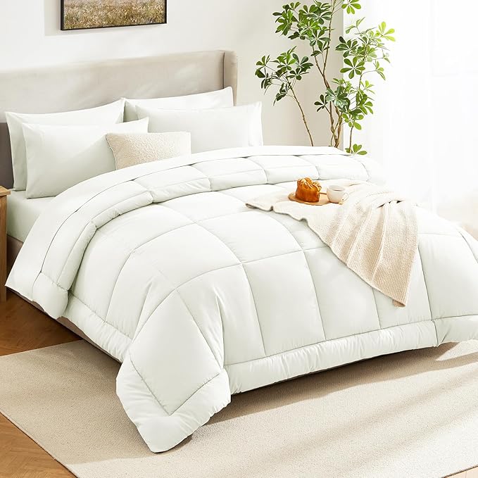 CozyLux Queen Comforter Set Ivory - 7 Pieces Bed in a Bag, Ivory Comforters Queen Size, Bedding Sets with All Season Quilted Comforter, Flat Sheet, Fitted Sheet, Pillowcases