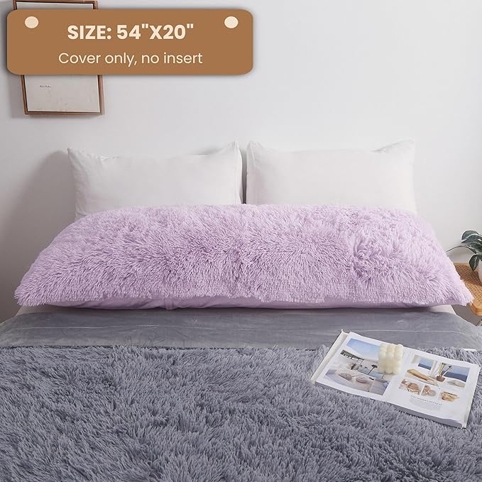 MEGO Fluffy Body Pillow Cover, 20x54 Shaggy Faux Fur Body Pillow Case, Comfy Plush Fuzzy Body Pillowcase, Furry Long Throw Bed Pillow Cover with Zipper for Women Side Sleeper Lavender Light Purple