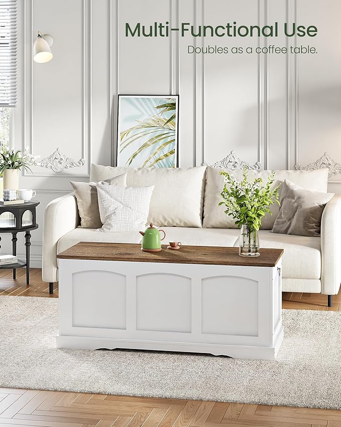 CHOEZON 39.4" Storage Chest Bench with Lift Lid, Toy Chest with Safety Hinge, Entryway Shoe Bench, Wooden Storage Trunk, Holds up to 220 lb, for Living Room, Bedroom, Hall, White and Walnut MCW12WL
