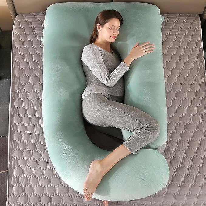 U-Shaped Full Body Pregnancy Pillow for Sleeping – 57" Maternity Pillow with Removable Cover, Support for Back, Legs, Belly & Hips (Velvet-Green)