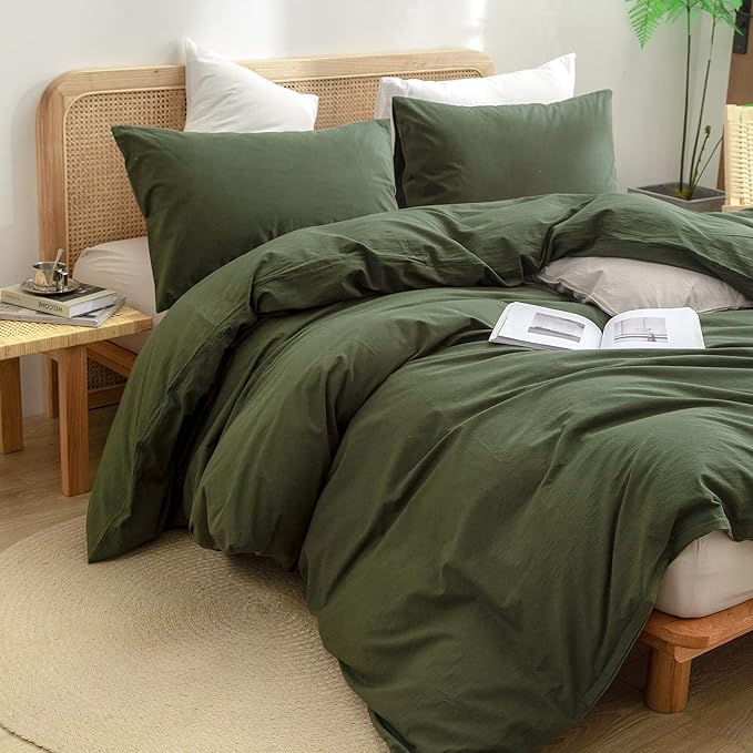 BESTOUCH Duvet Cover Set 100% Washed Cotton Linen Feel Super Soft Comfortable Chic Lightweight 3 PCs Home Bedding Set Solid Olive Green Super King Plus