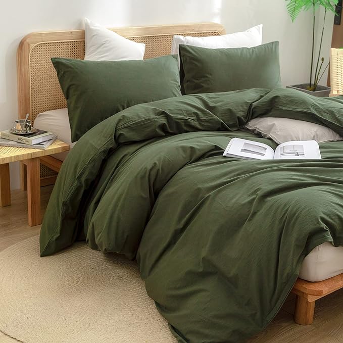 BESTOUCH Duvet Cover Set 100% Washed Cotton Linen Feel Super Soft Comfortable Chic Lightweight 3 PCs Home Bedding Set Solid Olive Green Cal King