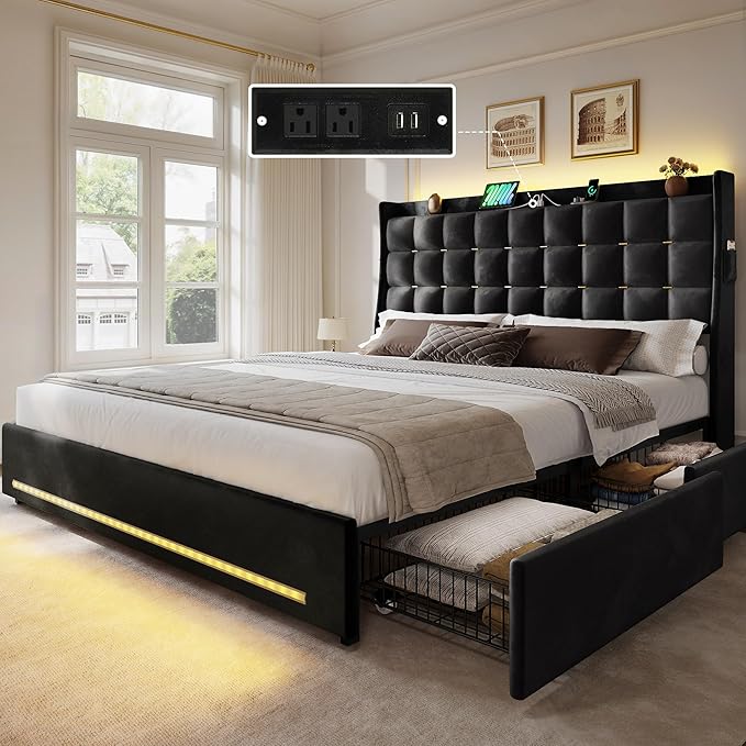 DWVO Queen Size Bed Frame with 4 Drawers and RGB LED Lights, Velvet Upholstered Platform Bed with Charging Station and Storage Headboard, No Box Spring Needed, Easy Assembly, Noise-Free, Black