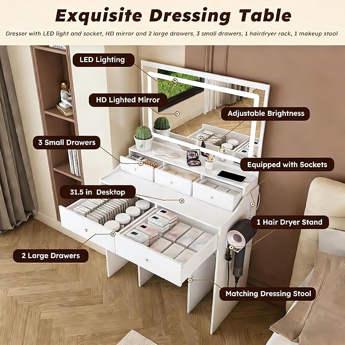 Casaphoria Large Makeup Vanity Desk with Mirror, 5 Drawers & Power Outlet for Bedroom - Modern Dressing Table with Adjustable LED Lights & Hair Dryer Holder, White