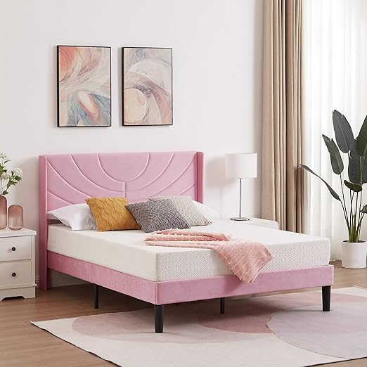 VECELO Queen Size Bed Frame Upholstered Platform with Fabric Headboard/Wooden Slats Support/No Box Spring Needed/Mattress Foundation,Pink