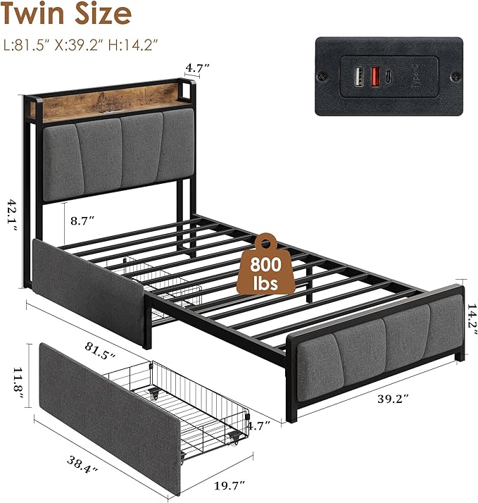 GAOMON Twin Size Bed Frame with 2 Storage Drawers and Charging Station, Rustic Linen Upholstered Platform Bedframe with Storage Headboard, Heavy Duty, No Box Spring Needed, Easy Assembly, Noise Free