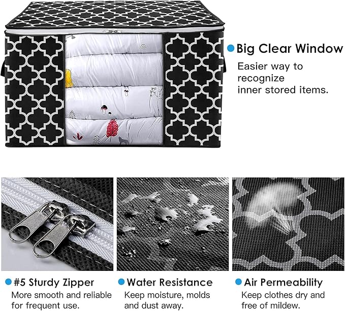 WISELIFE Storage Bags 100L 8-Pack Large Blanket Clothes Organization and Storage Containers for Bedding, Comforters, Foldable Organizer with Reinforced Handle, Clear Window, Sturdy Zippers, Black