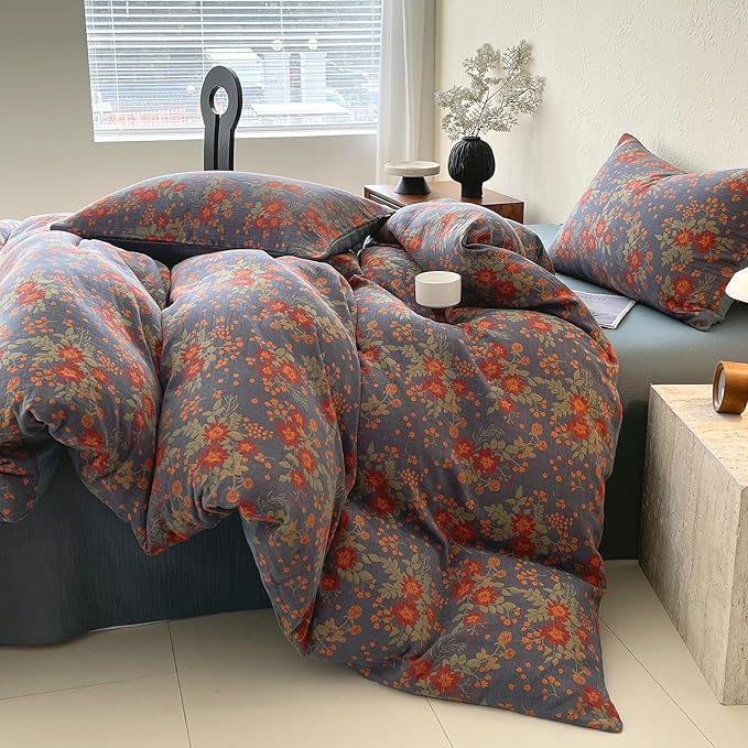 VM VOUGEMARKET Boho Vintage Floral Double Layer Gauze Jacquard Duvet Cover Set King, Dusty Smoky Blue Soft Breathable Cotton Muslin Bedding Set for Bedroom Decor