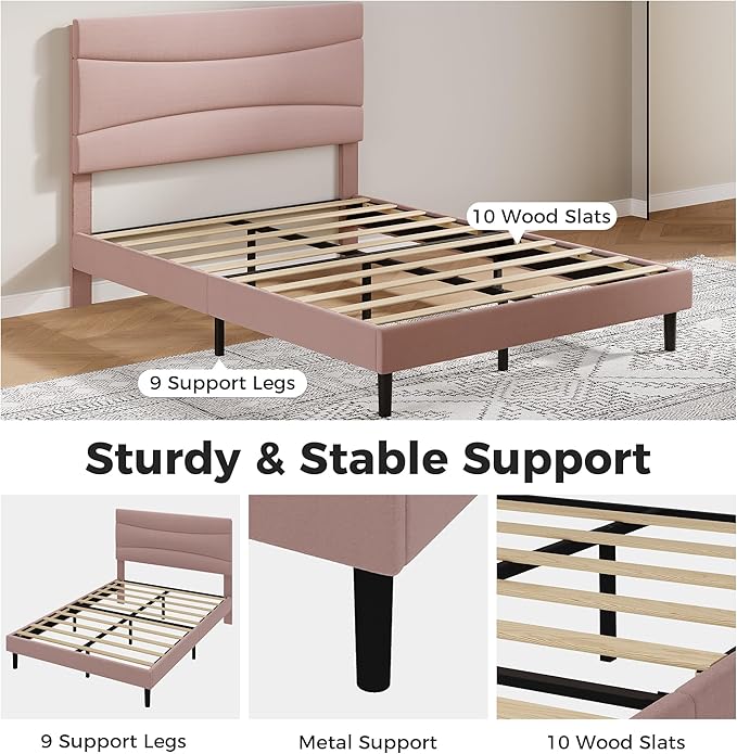 GarveeHome Full Modern Upholstered Bed Frame with Soft Padded Headboard,Sturdy Metal Steel Slat Support, Noise-Free Quiet Design,Easy Assembly,Heavy Duty Stable Bed Frame(Pink)