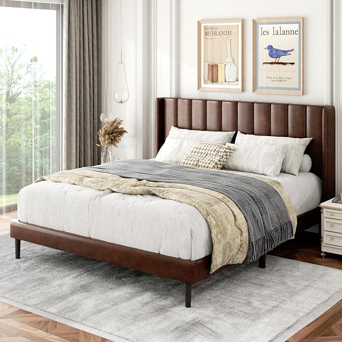 Gruwans Queen Size Bed Frame with Upholstered Wingback Headboard, Easy Assemnly Platform Bed, Wooden Slat Support No Box Spring Needed, Dark Brown Leather