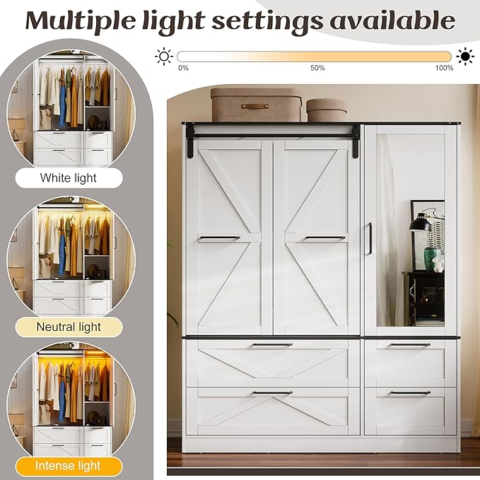 PAKASEPT Armoire Wardrobe Closet with w/Folding Sliding Barn Door, 72.83" H Bedroom Armoires with Mirror and Sensor Lights, Hanging Rod, Wardrobe Closet for Bedroom (6 Doors)