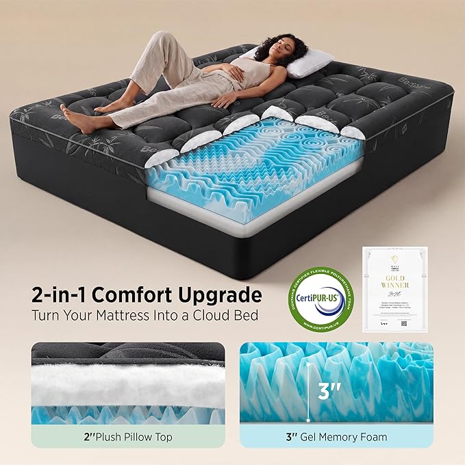 Bedsure Dual-Layer 5 Inch Memory Foam Mattress Topper Full Size, 3 Inch Memory Foam + 2 Inch Viscose Made from Bamboo Mattress Topper Pad Cover, Breathable & Pressure Relief, Black