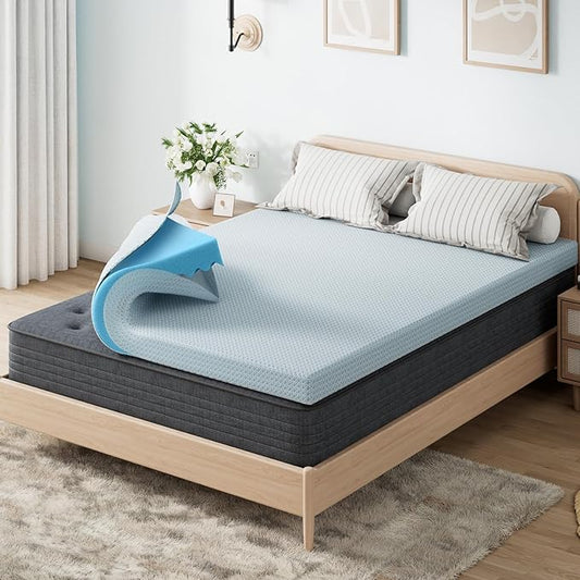 OhGeni Memory Foam Mattress Topper Pad, with Cover, Soft Bed Cover with Anti-Slip Base, Size Queen, Style 3 Inch
