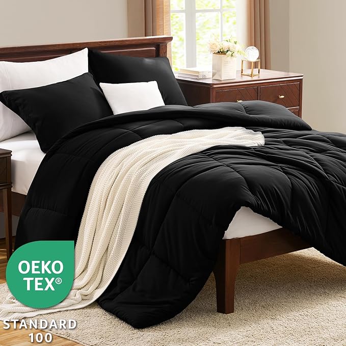 CozyLux Twin/Twin XL Comforter Set Black - 270GSM Box Stitched Bedding Set for College Dorm & Back to School, Lightweight All Season for Teen Boys, Girls, 2 Pcs with Comforter and Pillow Sham