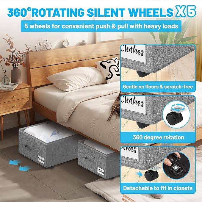 Under Bed Storage with Wheels, 2-Pack 10" Height XXL 60L Rolling Storage Bins, Quick Assembly Underbed Shoe Storage Containers with Clear Lid & Label, Dorm Under Bed Drawers for Clothes, Shoes, Grey