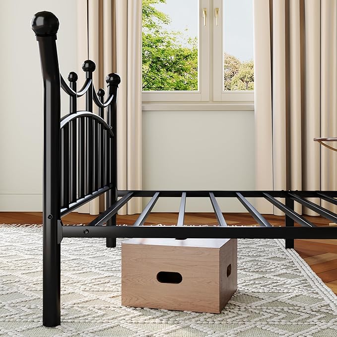 Allewie 14 Inches Twin Size Metal Platform Bed Frame with Elegant Crown Iron-Art Headboard & Footboard, Sturdy Mattress Foundation with Under-Bed Storage, Easy Assembly, No Box Spring Needed, Black