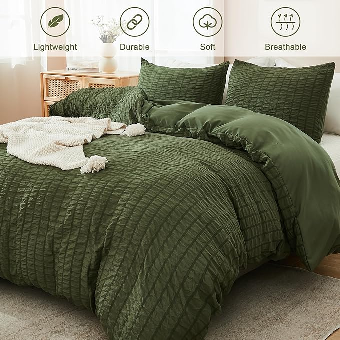AveLom Dark Olive Green Seersucker Duvet Cover Set Full (80 x 90 inches), 3 Pieces (1 Duvet Cover + 2 Pillow Cases), Ultra Soft Washed Microfiber, Textured Duvet Cover with Zipper Closure, Corner Ties