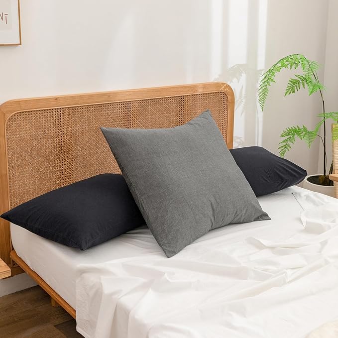 BESTOUCH 100% Washed Cotton Pillowcase for Hair and Skin Linen Feel Soft Comfortable Breathable 2 Set Pillow Case with Envelope Closure Solid Dark Black Standard 20x26 Inches