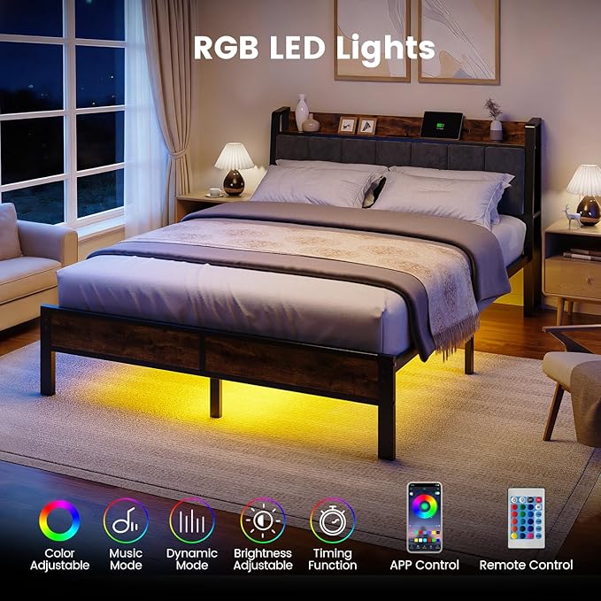 Queen Size Bed Frame with Wood Headboard, Metal Platform Bed with USB Charging Station and Smart LED Lights, No Box Spring Needed, Easy Assembly