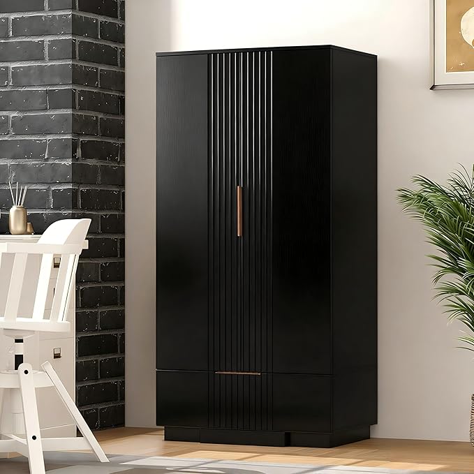 Brafab 67" Fluted Armoire Wardrobe Closet with Drawers and Doors, Wooden Wardrobe Cabinet with Adjustable Shelves, Modern Storage for Clothes, Coats for Bedroom,Black (1 pcs)