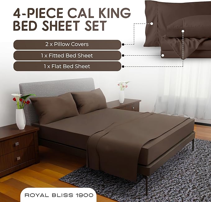 California King Sheet Sets – 4Pcs Cal King Bedding Set, Deep Pocket, Double Brushed Microfiber, Fade Resistant, Soft & Breathable Bed Sheets for Ultimate Comfort(Chocolate)