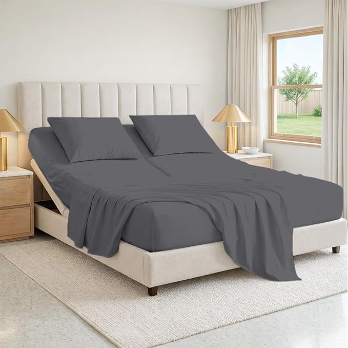 SGI bedding 36" Queen Split Top Flex Head Sheet 100% Egyptian Cotton 1000 Thread Count Flex Top Sheet for Adjustable Bed 4Pc Sheet Set 18" Deep Pocket for Sleep Number Bed - Dark Gray